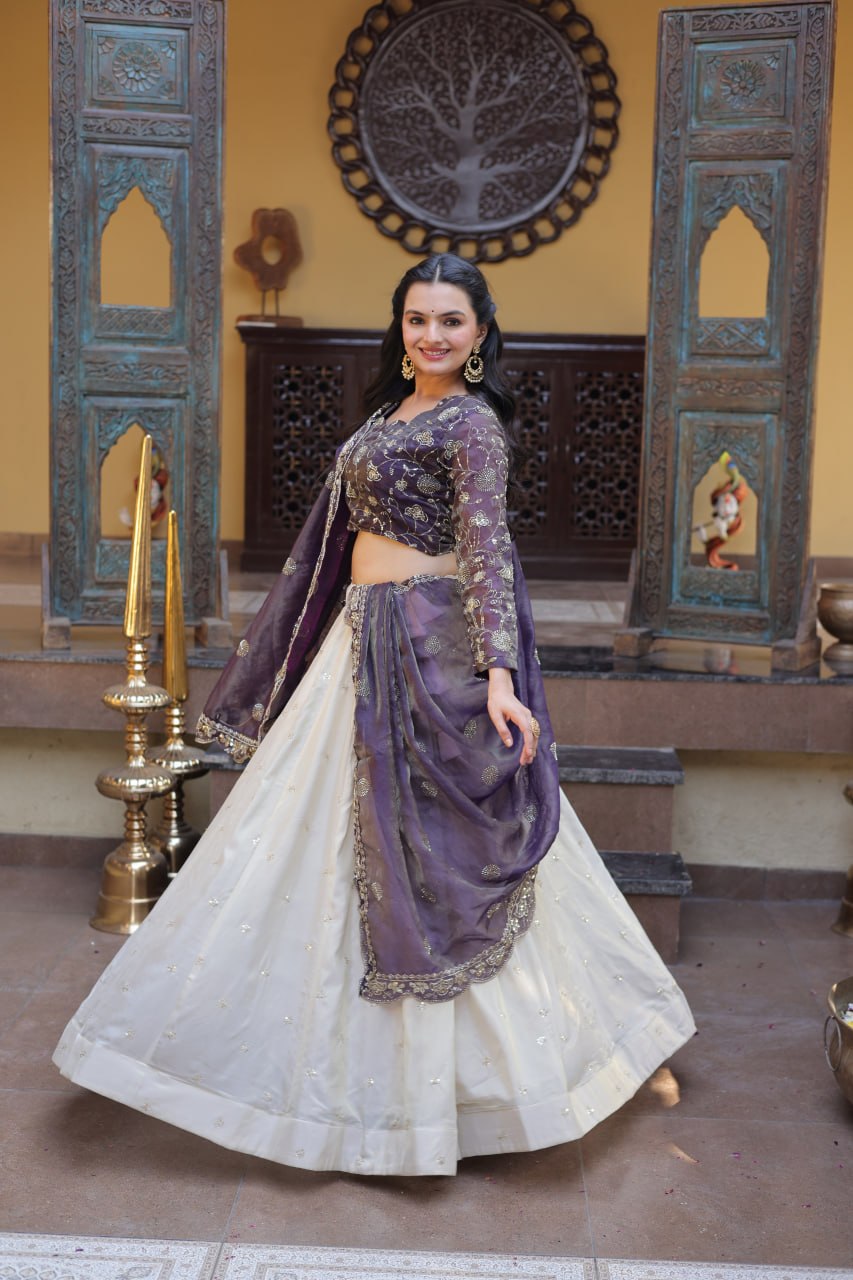 Purple Pure Cosmos with Zari &amp; Sequins Embroidery Work Navratri Lehenga Choli