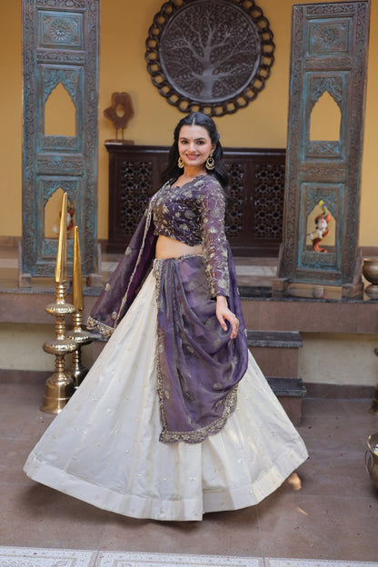 Purple Pure Cosmos with Zari &amp; Sequins Embroidery Work Navratri Lehenga Choli