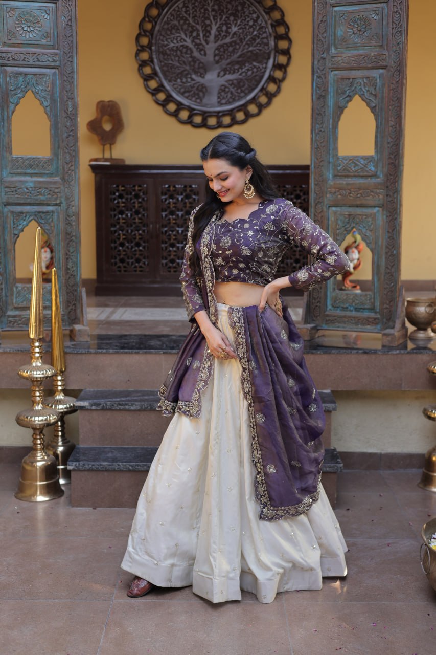 Purple Pure Cosmos with Zari &amp; Sequins Embroidery Work Navratri Lehenga Choli