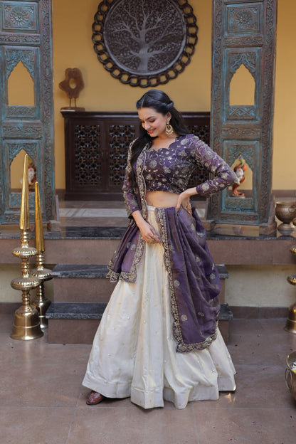 Purple Pure Cosmos with Zari &amp; Sequins Embroidery Work Navratri Lehenga Choli