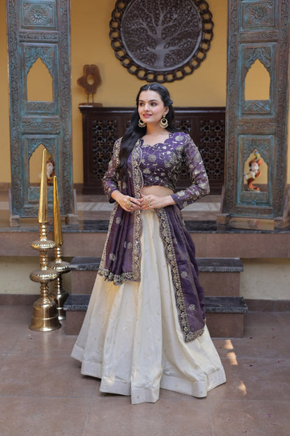 Purple Pure Cosmos with Zari &amp; Sequins Embroidery Work Navratri Lehenga Choli