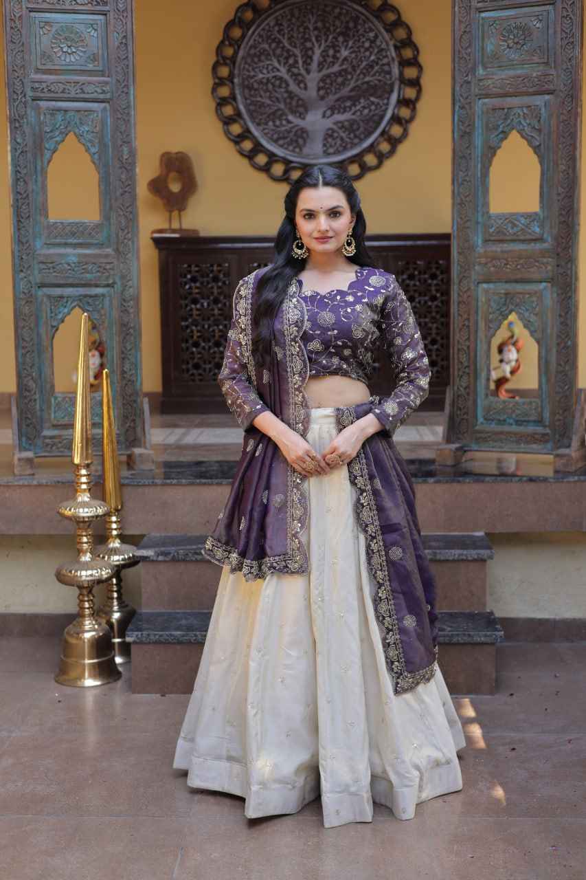 Purple Pure Cosmos with Zari &amp; Sequins Embroidery Work Navratri Lehenga Choli