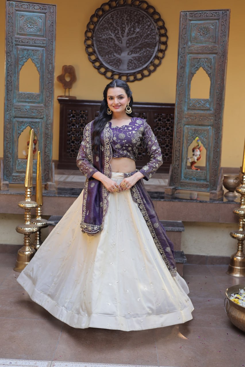 Purple Pure Cosmos with Zari &amp; Sequins Embroidery Work Navratri Lehenga Choli