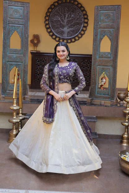 Purple Pure Cosmos with Zari &amp; Sequins Embroidery Work Navratri Lehenga Choli