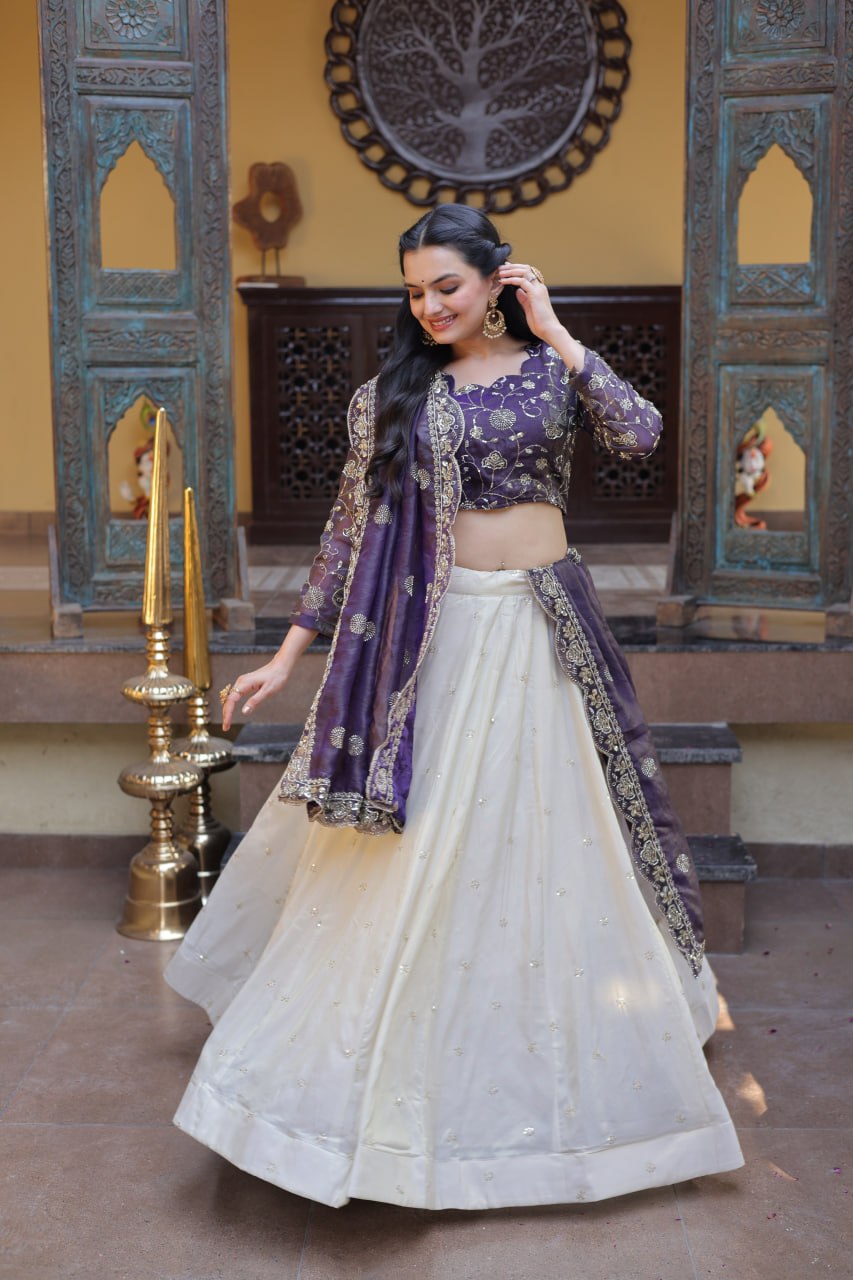 Purple Pure Cosmos with Zari &amp; Sequins Embroidery Work Navratri Lehenga Choli