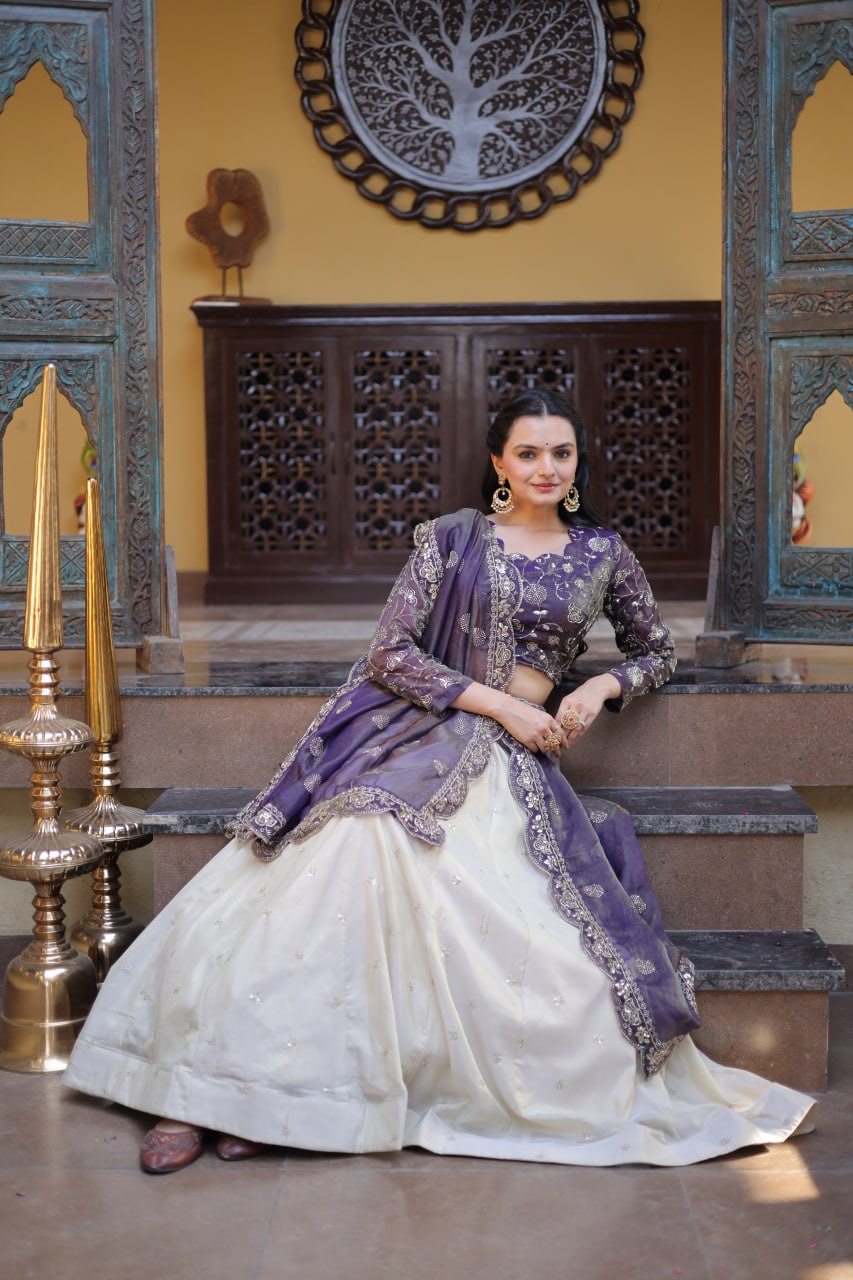 Purple Pure Cosmos with Zari &amp; Sequins Embroidery Work Navratri Lehenga Choli