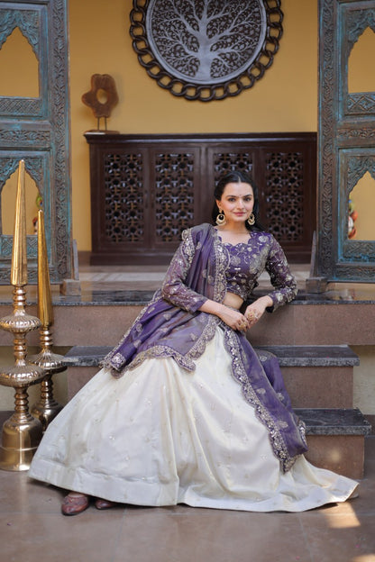 Purple Pure Cosmos with Zari &amp; Sequins Embroidery Work Navratri Lehenga Choli