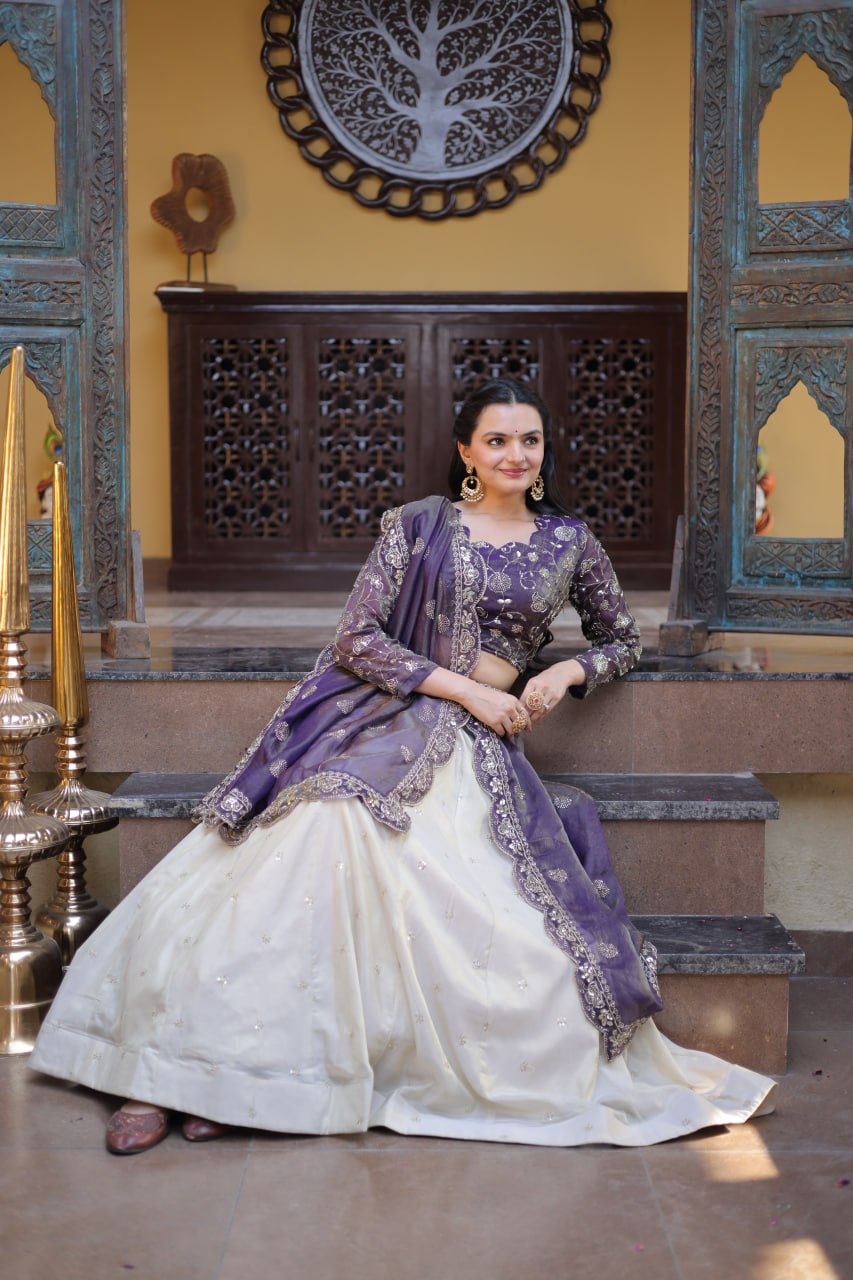 Purple Pure Cosmos with Zari &amp; Sequins Embroidery Work Navratri Lehenga Choli
