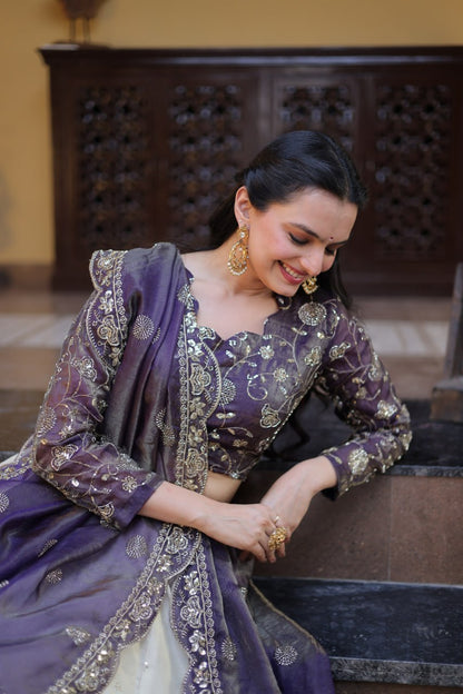 Purple Pure Cosmos with Zari &amp; Sequins Embroidery Work Navratri Lehenga Choli