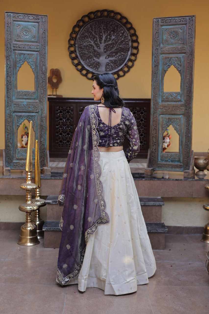 Purple Pure Cosmos with Zari &amp; Sequins Embroidery Work Navratri Lehenga Choli