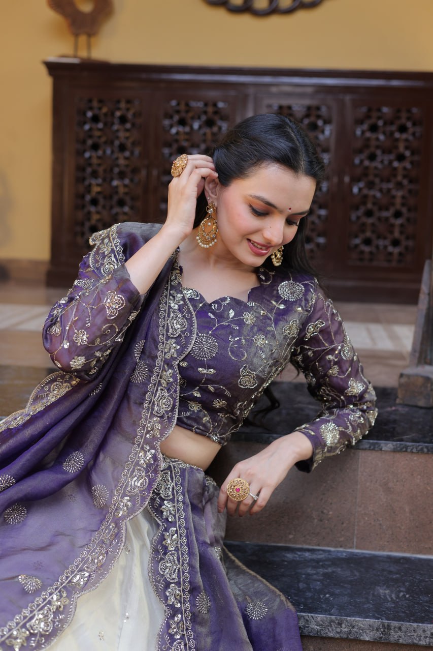 Purple Pure Cosmos with Zari &amp; Sequins Embroidery Work Navratri Lehenga Choli
