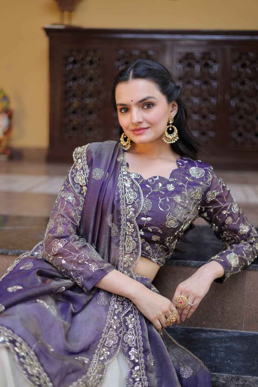 Purple Pure Cosmos with Zari &amp; Sequins Embroidery Work Navratri Lehenga Choli