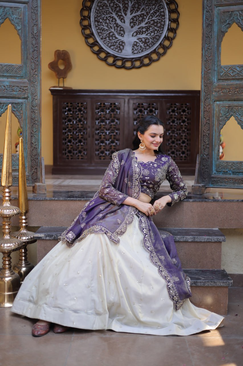 Purple Pure Cosmos with Zari &amp; Sequins Embroidery Work Navratri Lehenga Choli
