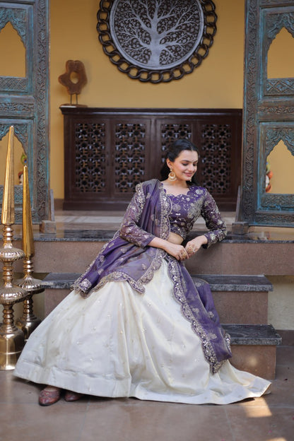 Purple Pure Cosmos with Zari &amp; Sequins Embroidery Work Navratri Lehenga Choli