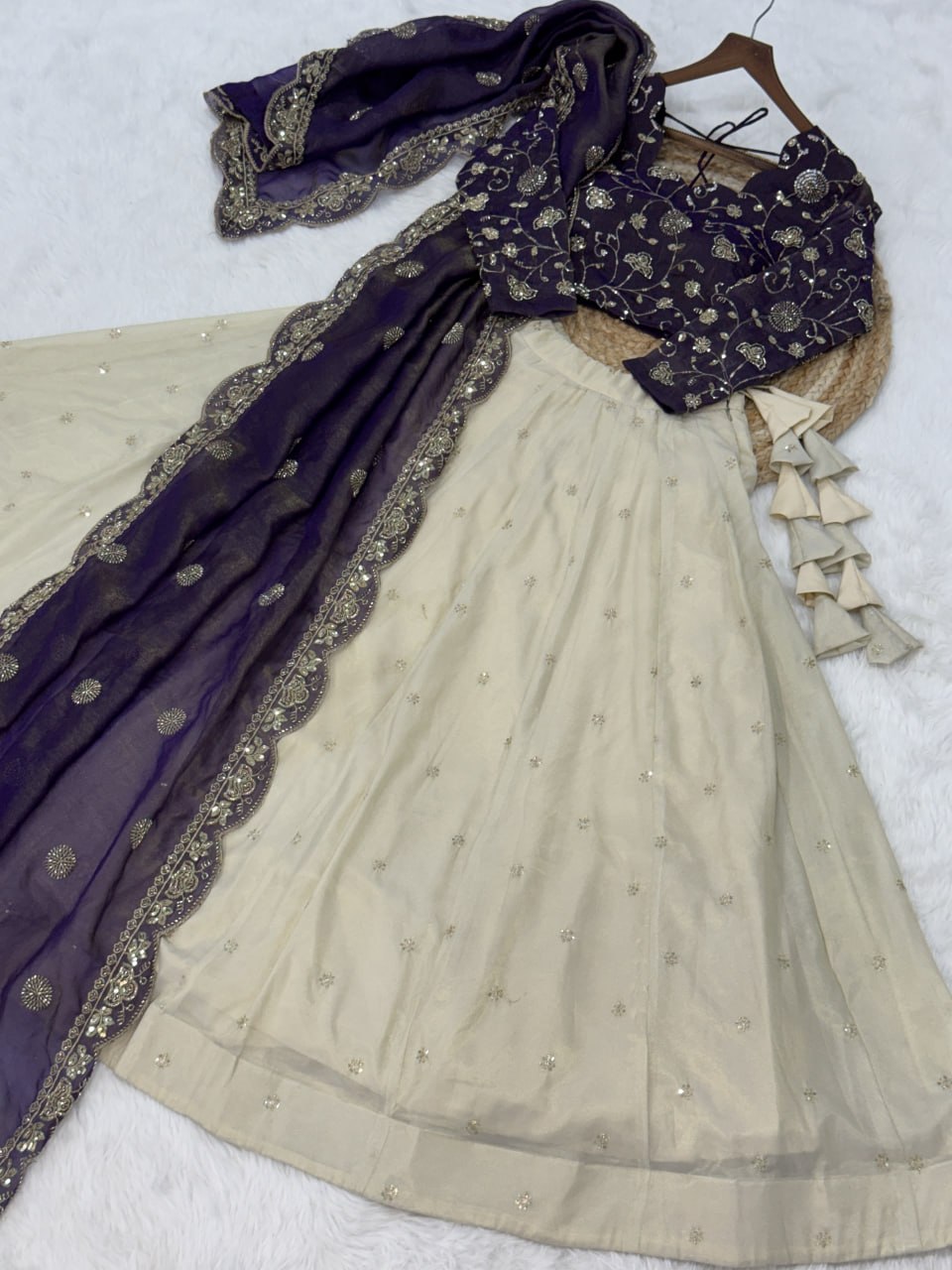 Purple Pure Cosmos with Zari &amp; Sequins Embroidery Work Navratri Lehenga Choli