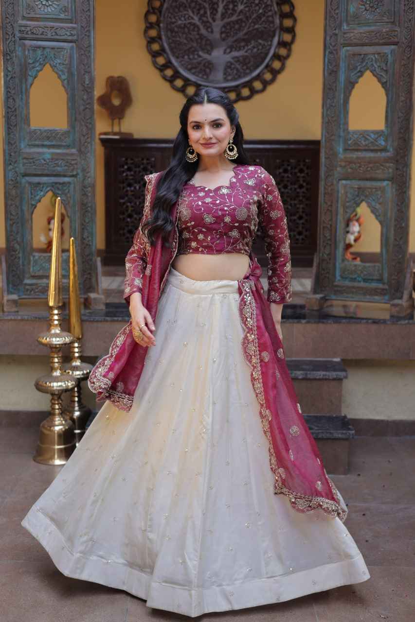 Magenta Pure Cosmos with Zari &amp; Sequins Embroidery Work Navratri Lehenga Choli