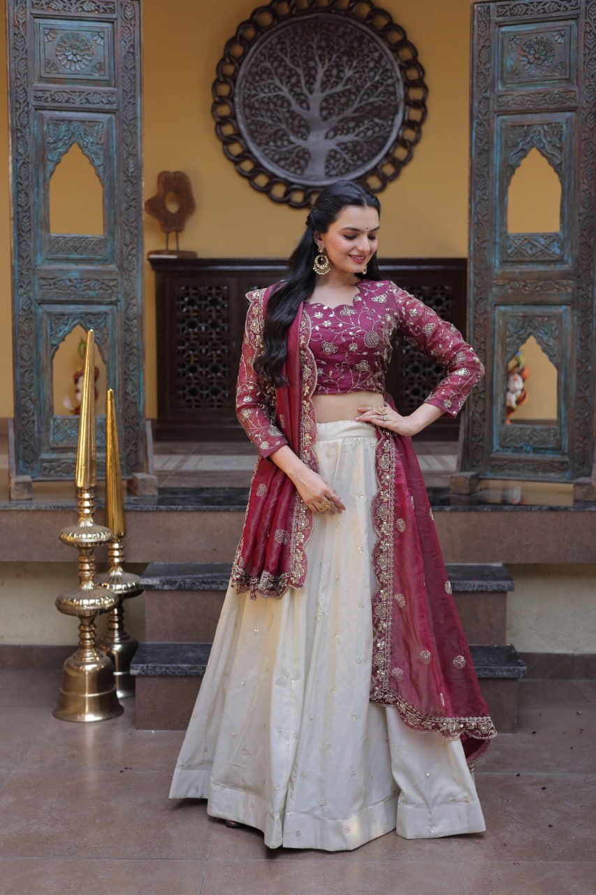 Magenta Pure Cosmos with Zari &amp; Sequins Embroidery Work Navratri Lehenga Choli