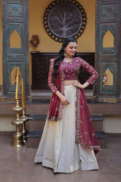 Magenta Pure Cosmos with Zari &amp; Sequins Embroidery Work Navratri Lehenga Choli