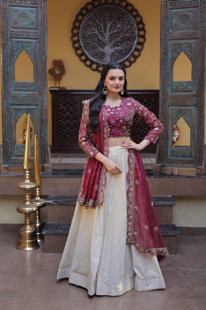 Magenta Pure Cosmos with Zari &amp; Sequins Embroidery Work Navratri Lehenga Choli