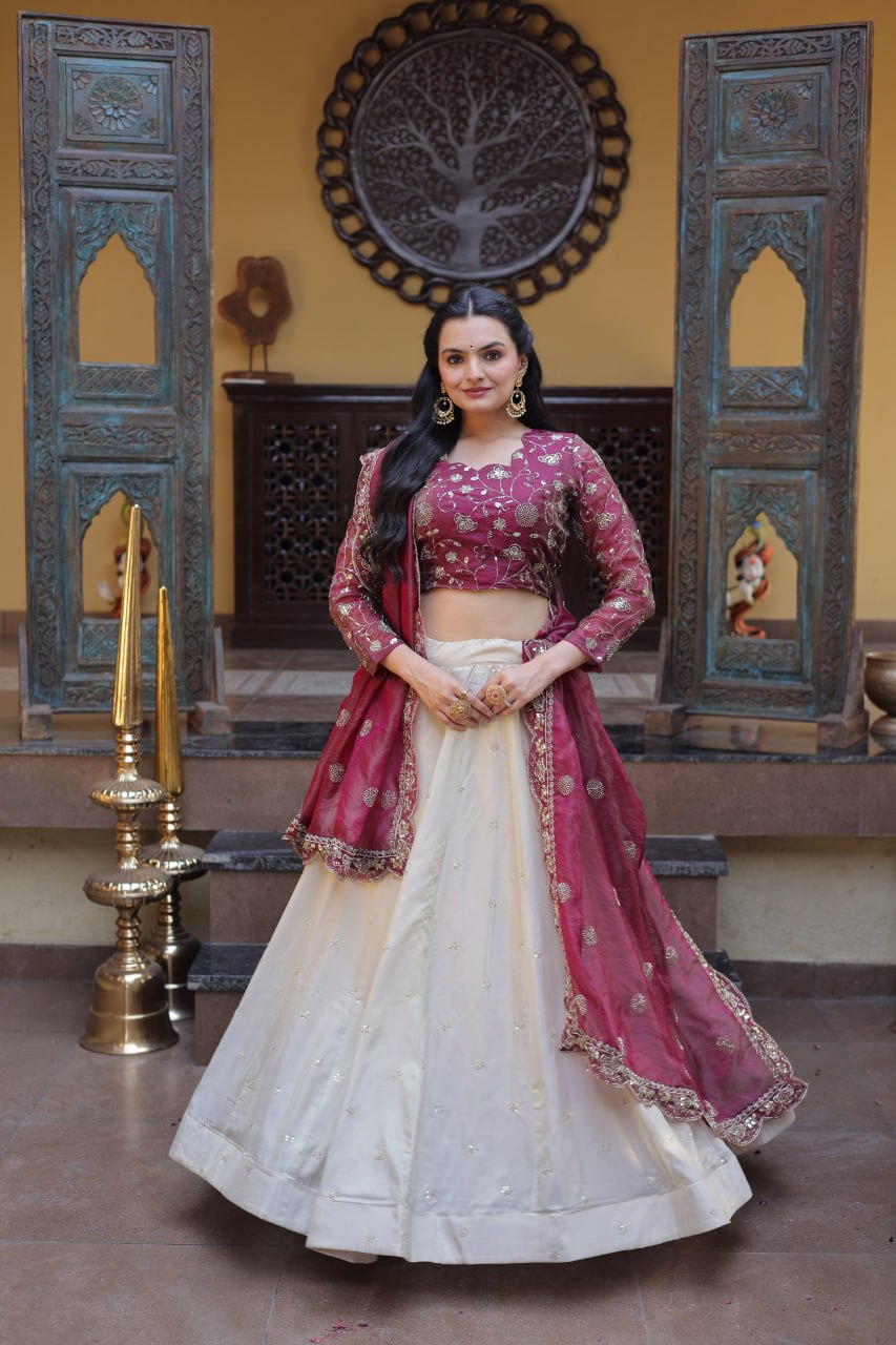 Magenta Pure Cosmos with Zari &amp; Sequins Embroidery Work Navratri Lehenga Choli