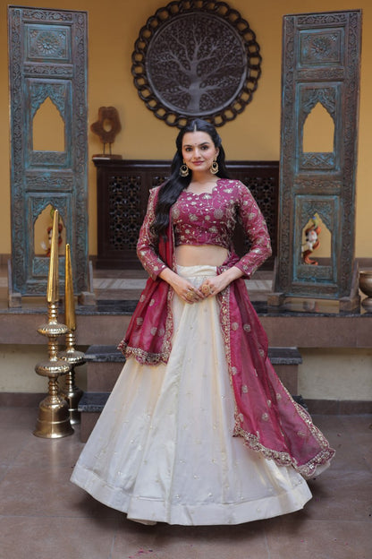 Magenta Pure Cosmos with Zari &amp; Sequins Embroidery Work Navratri Lehenga Choli