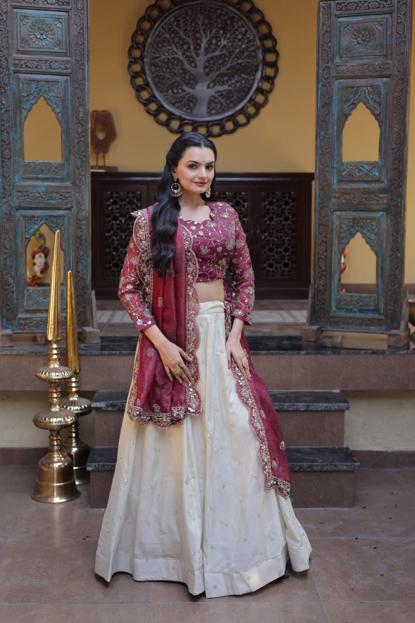 Magenta Pure Cosmos with Zari &amp; Sequins Embroidery Work Navratri Lehenga Choli