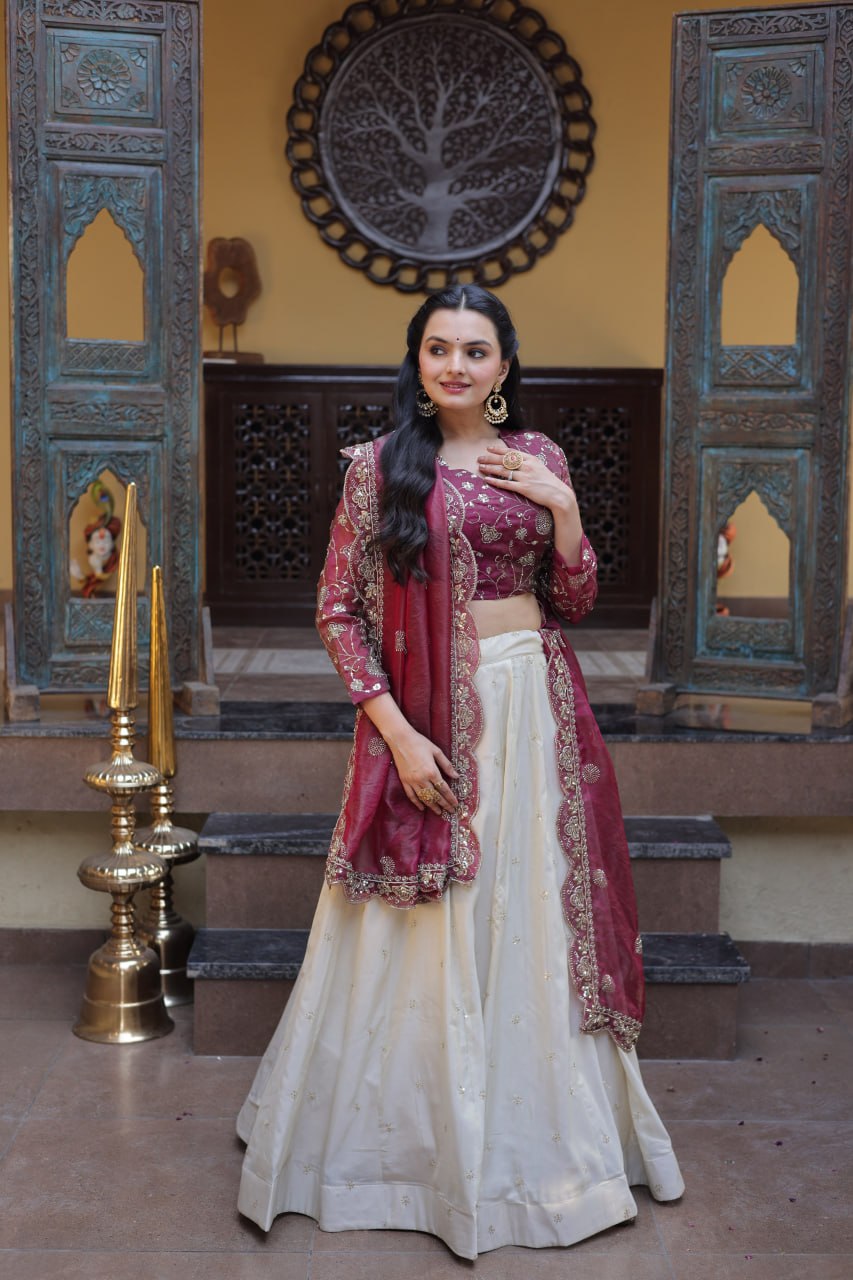 Magenta Pure Cosmos with Zari &amp; Sequins Embroidery Work Navratri Lehenga Choli