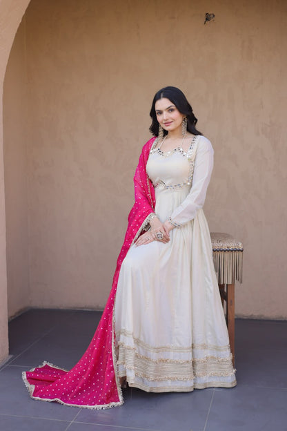 Cream &amp; Pink Pure Cosmos with Real Mirror with Zari Embroidery Work Anarkali Gown
