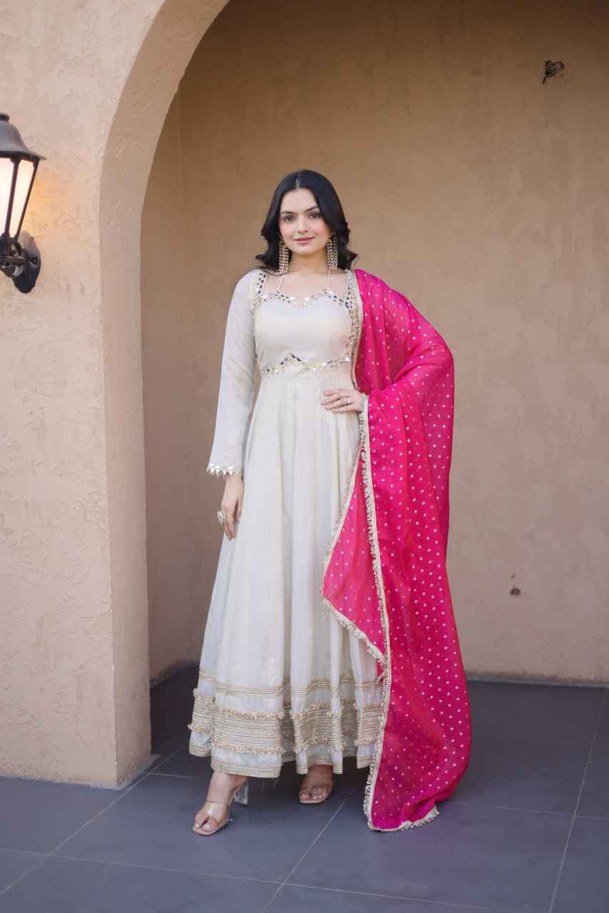 Cream &amp; Pink Pure Cosmos with Real Mirror with Zari Embroidery Work Anarkali Gown