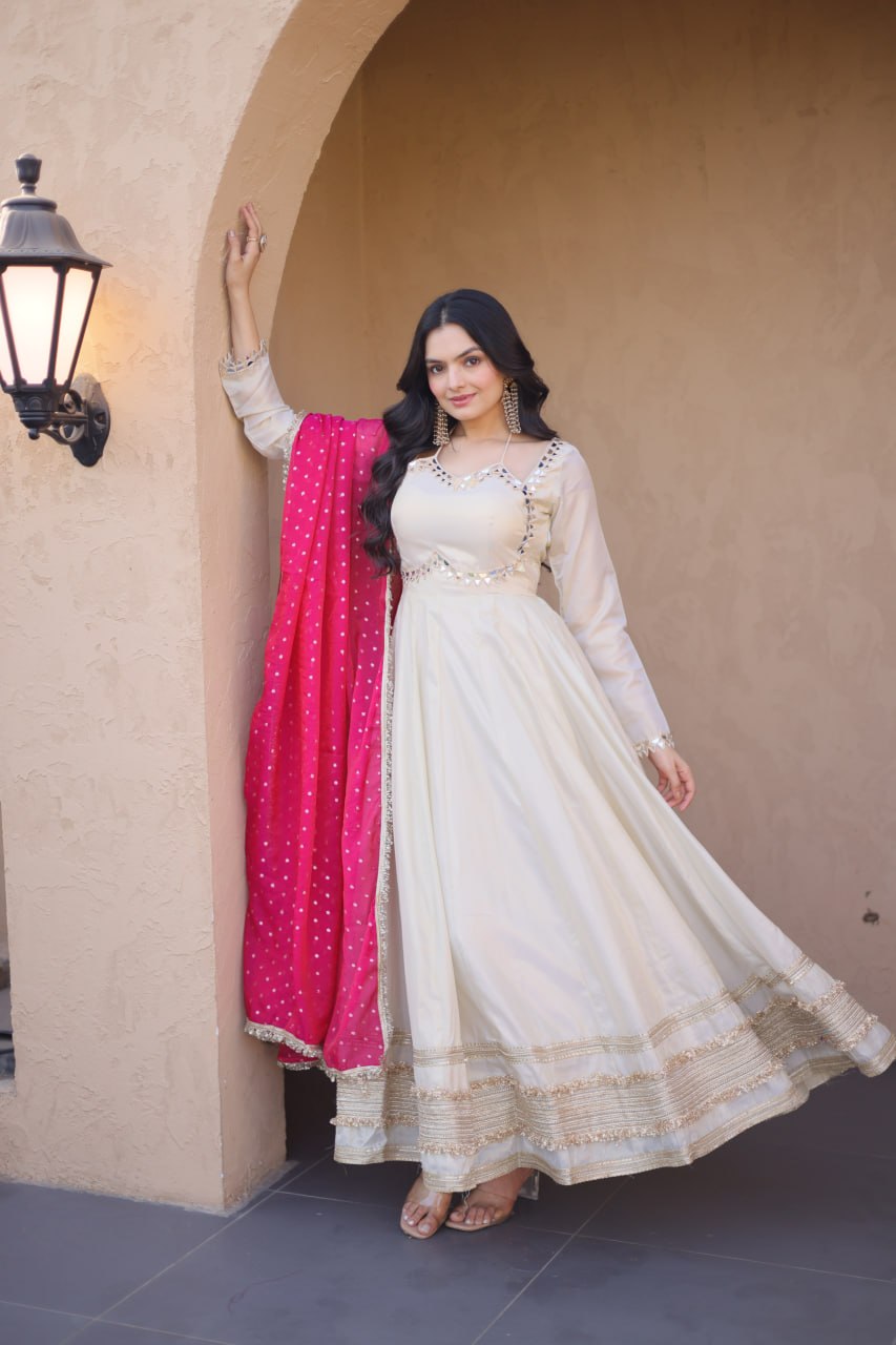 Cream &amp; Pink Pure Cosmos with Real Mirror with Zari Embroidery Work Anarkali Gown