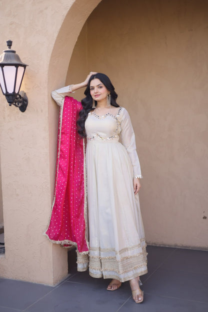 Cream &amp; Pink Pure Cosmos with Real Mirror with Zari Embroidery Work Anarkali Gown