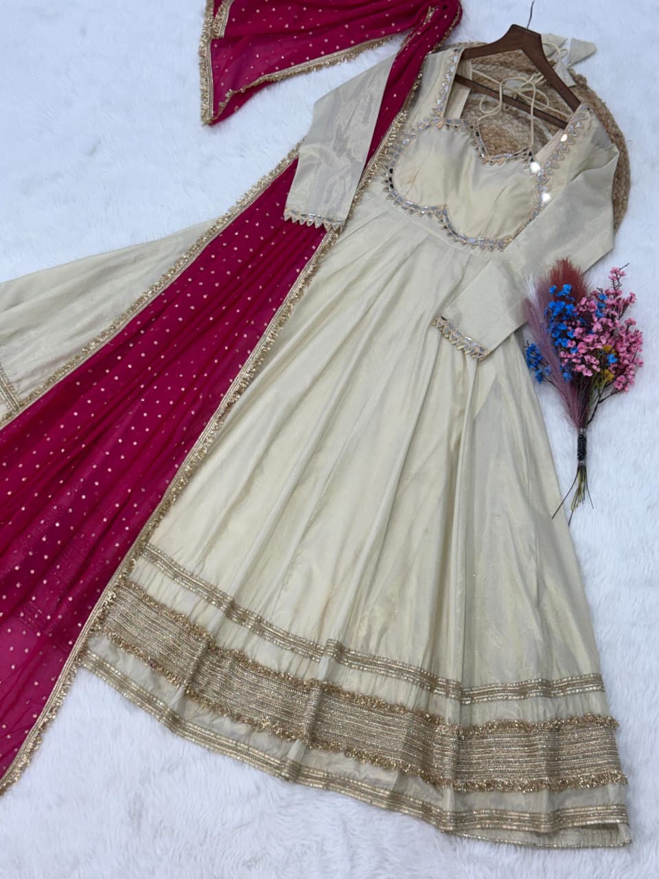 Cream &amp; Pink Pure Cosmos with Real Mirror with Zari Embroidery Work Anarkali Gown