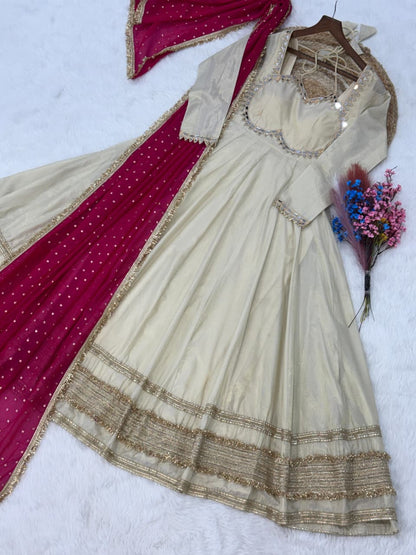 Cream &amp; Pink Pure Cosmos with Real Mirror with Zari Embroidery Work Anarkali Gown