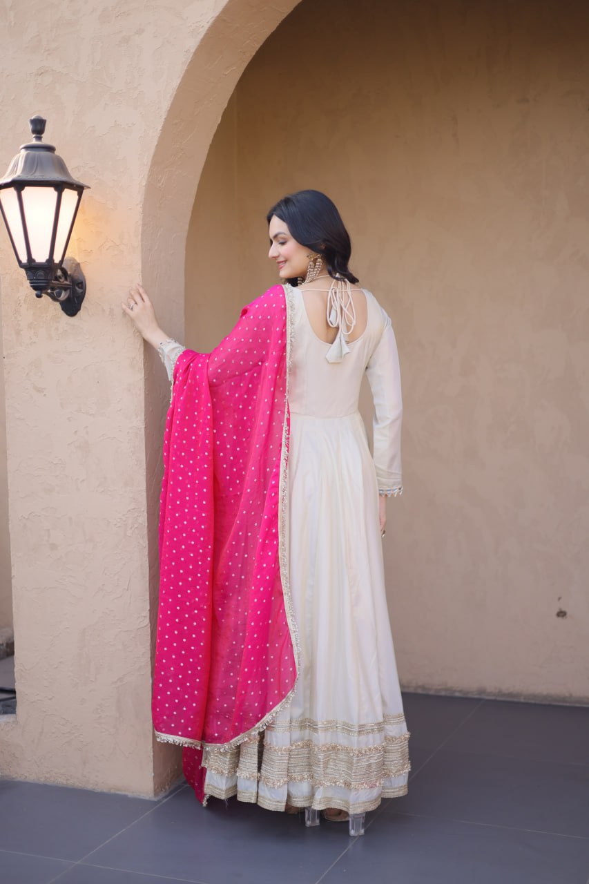 Cream &amp; Pink Pure Cosmos with Real Mirror with Zari Embroidery Work Anarkali Gown