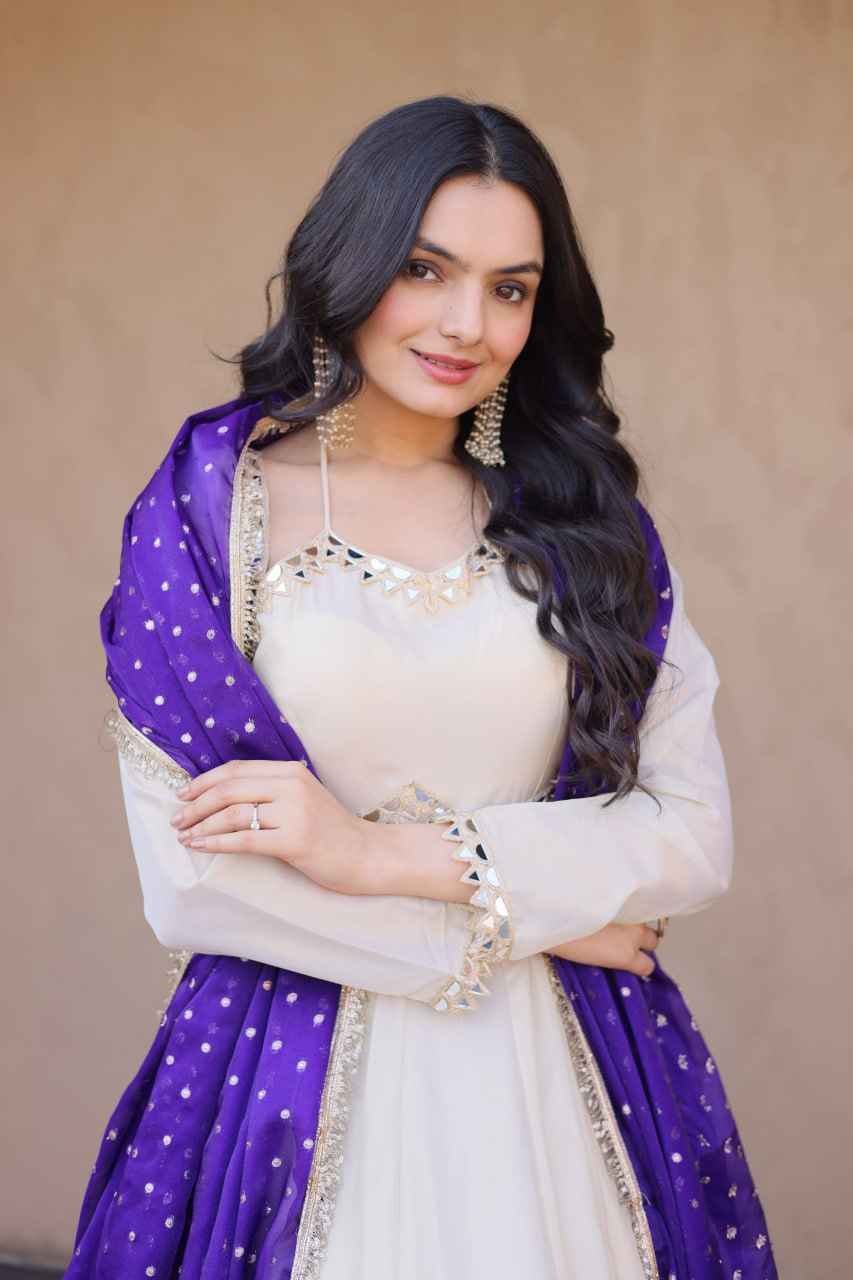 Cream &amp; Blue Pure Cosmos with Real Mirror with Zari Embroidery Work Anarkali Gown