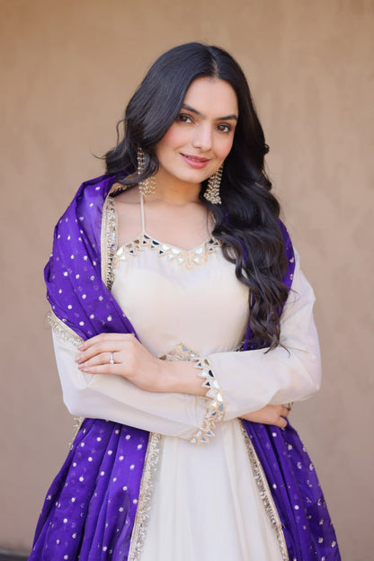 Cream &amp; Blue Pure Cosmos with Real Mirror with Zari Embroidery Work Anarkali Gown