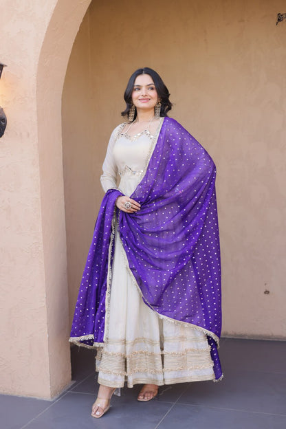 Cream &amp; Blue Pure Cosmos with Real Mirror with Zari Embroidery Work Anarkali Gown