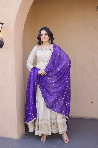 Cream &amp; Blue Pure Cosmos with Real Mirror with Zari Embroidery Work Anarkali Gown