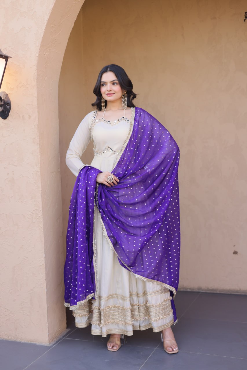 Cream &amp; Blue Pure Cosmos with Real Mirror with Zari Embroidery Work Anarkali Gown