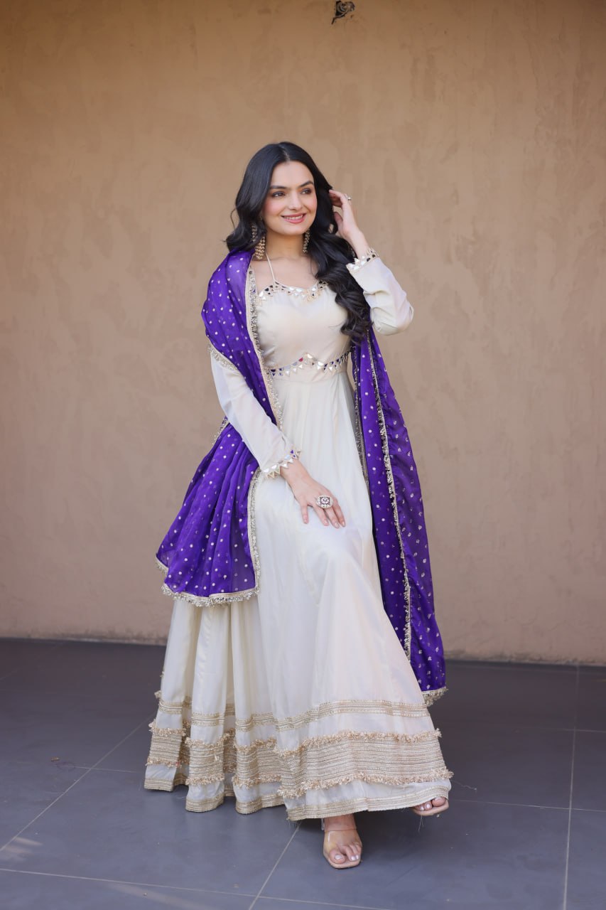 Cream &amp; Blue Pure Cosmos with Real Mirror with Zari Embroidery Work Anarkali Gown