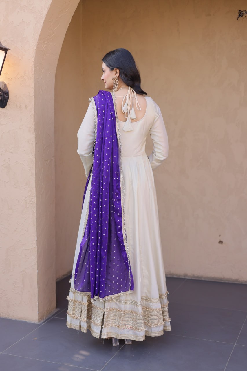 Cream &amp; Blue Pure Cosmos with Real Mirror with Zari Embroidery Work Anarkali Gown