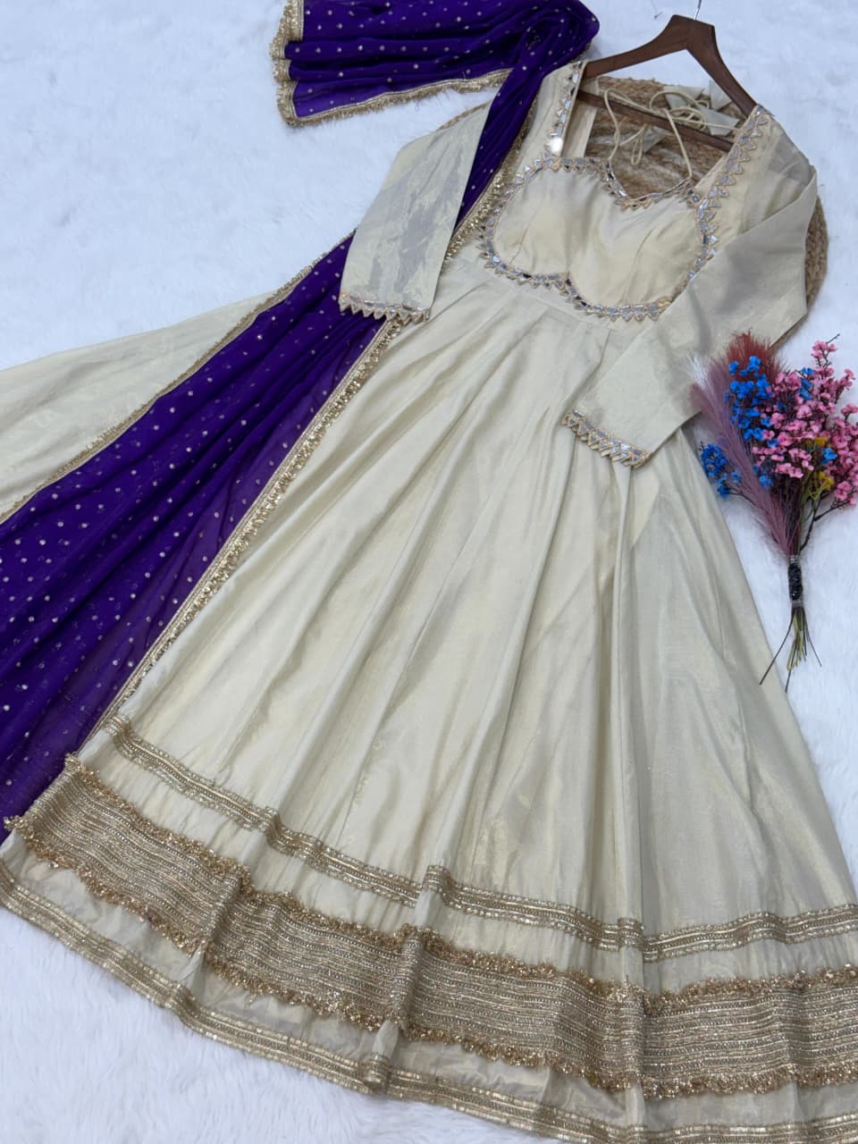 Cream &amp; Blue Pure Cosmos with Real Mirror with Zari Embroidery Work Anarkali Gown
