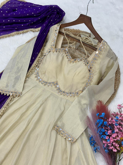 Cream &amp; Blue Pure Cosmos with Real Mirror with Zari Embroidery Work Anarkali Gown