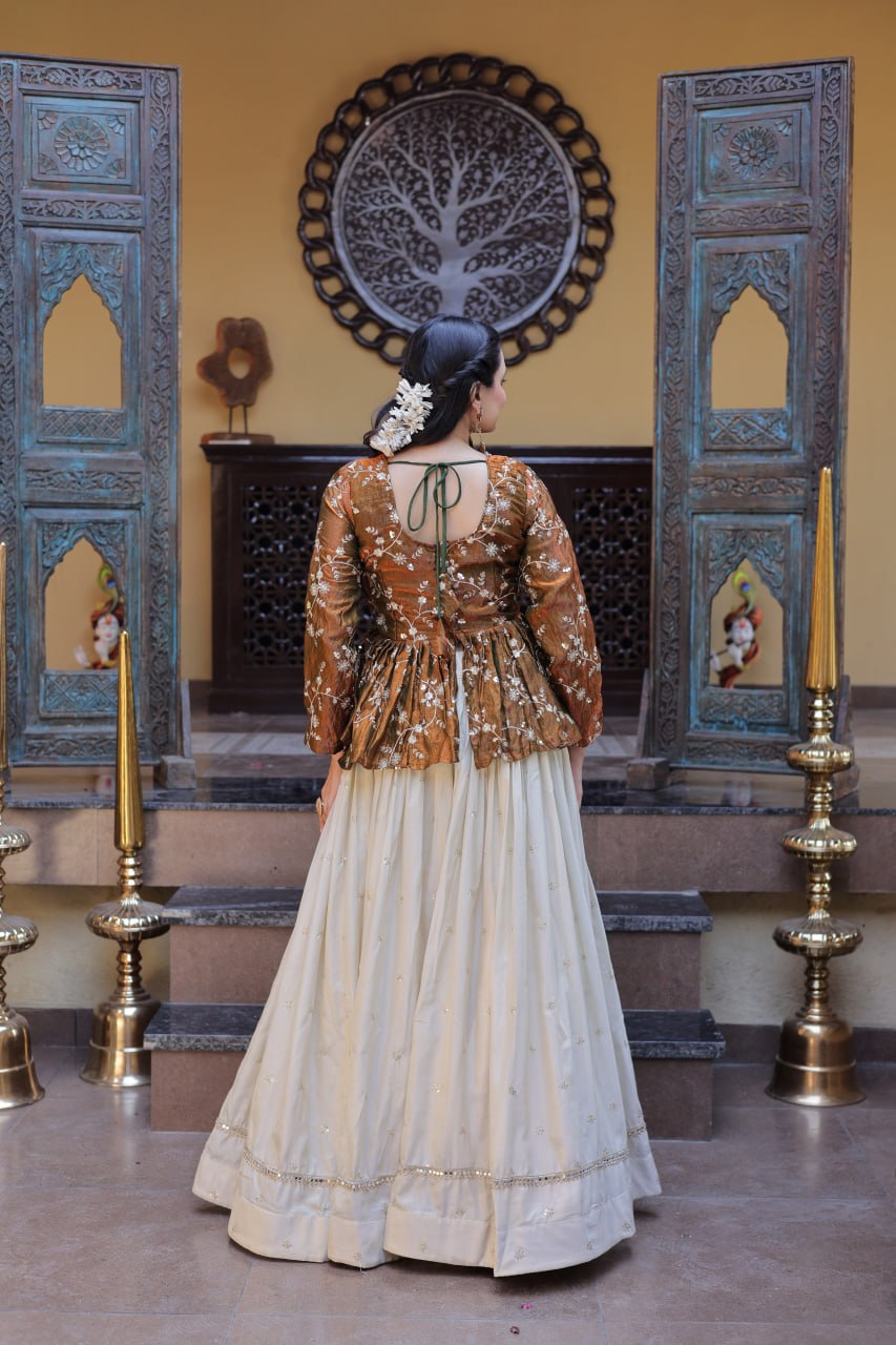 Gold Pure Cosmos with Zari &amp; Sequins Embroidery Work Navratri Lehenga Choli