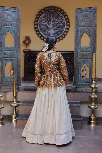 Gold Pure Cosmos with Zari &amp; Sequins Embroidery Work Navratri Lehenga Choli