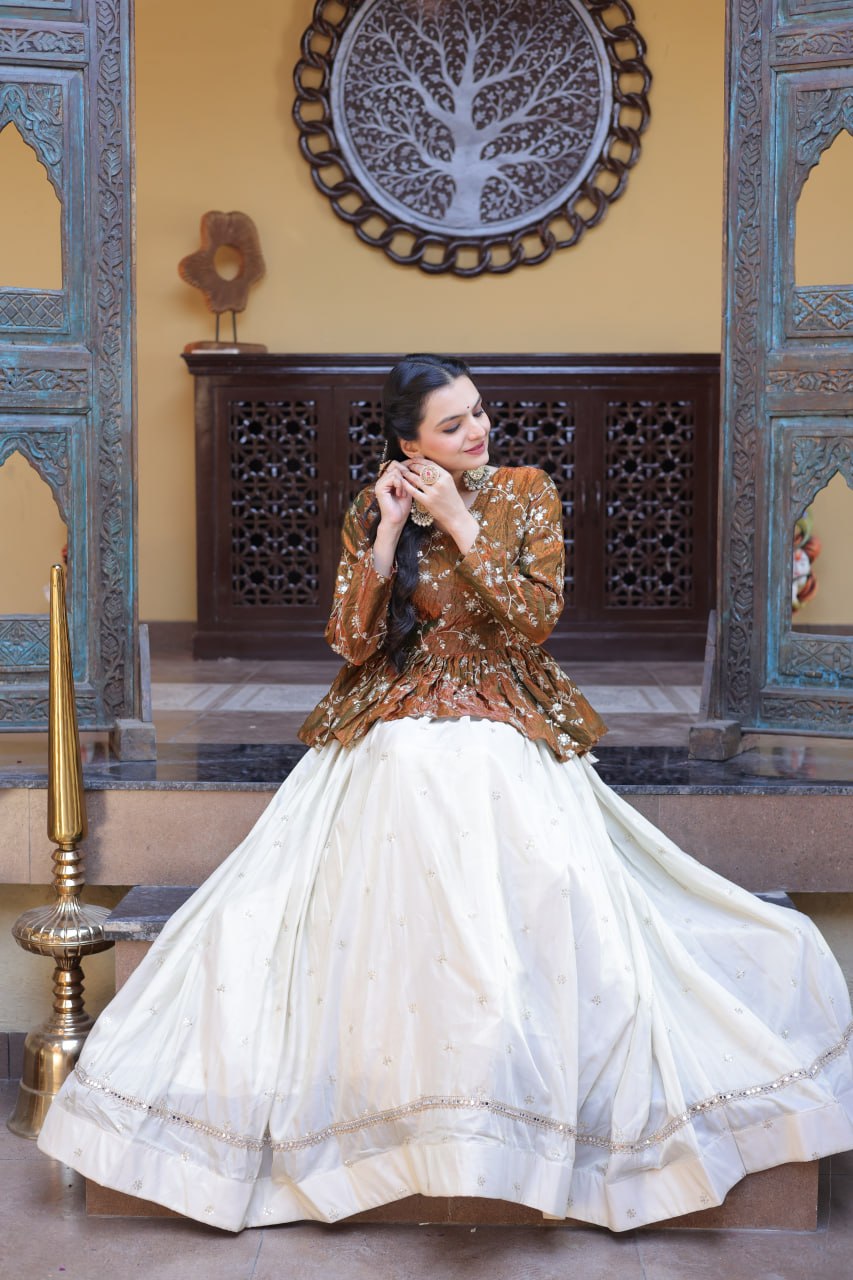 Gold Pure Cosmos with Zari &amp; Sequins Embroidery Work Navratri Lehenga Choli