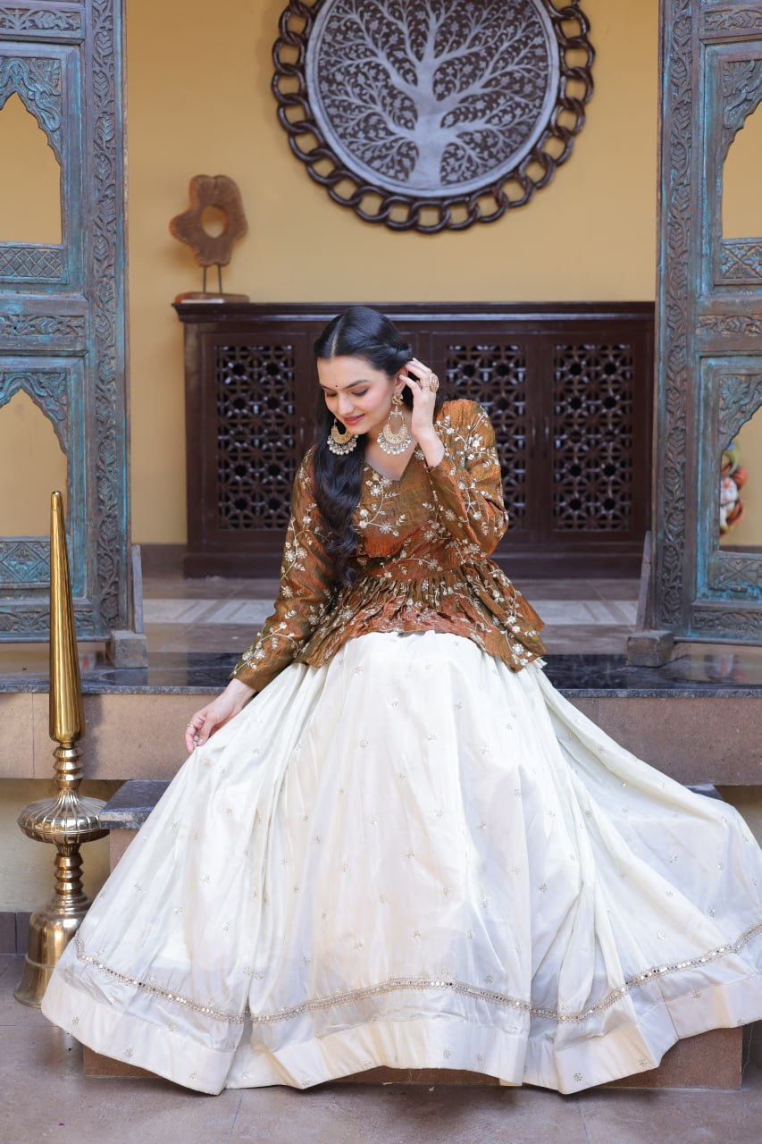 Gold Pure Cosmos with Zari &amp; Sequins Embroidery Work Navratri Lehenga Choli