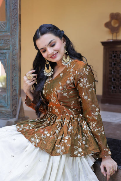 Gold Pure Cosmos with Zari &amp; Sequins Embroidery Work Navratri Lehenga Choli