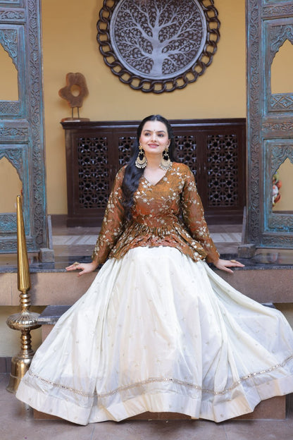 Gold Pure Cosmos with Zari &amp; Sequins Embroidery Work Navratri Lehenga Choli