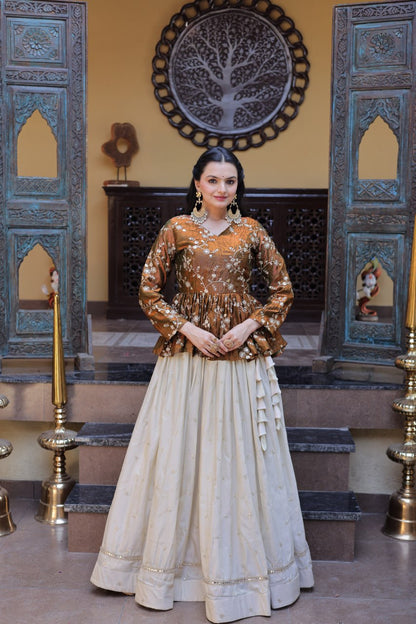 Gold Pure Cosmos with Zari &amp; Sequins Embroidery Work Navratri Lehenga Choli